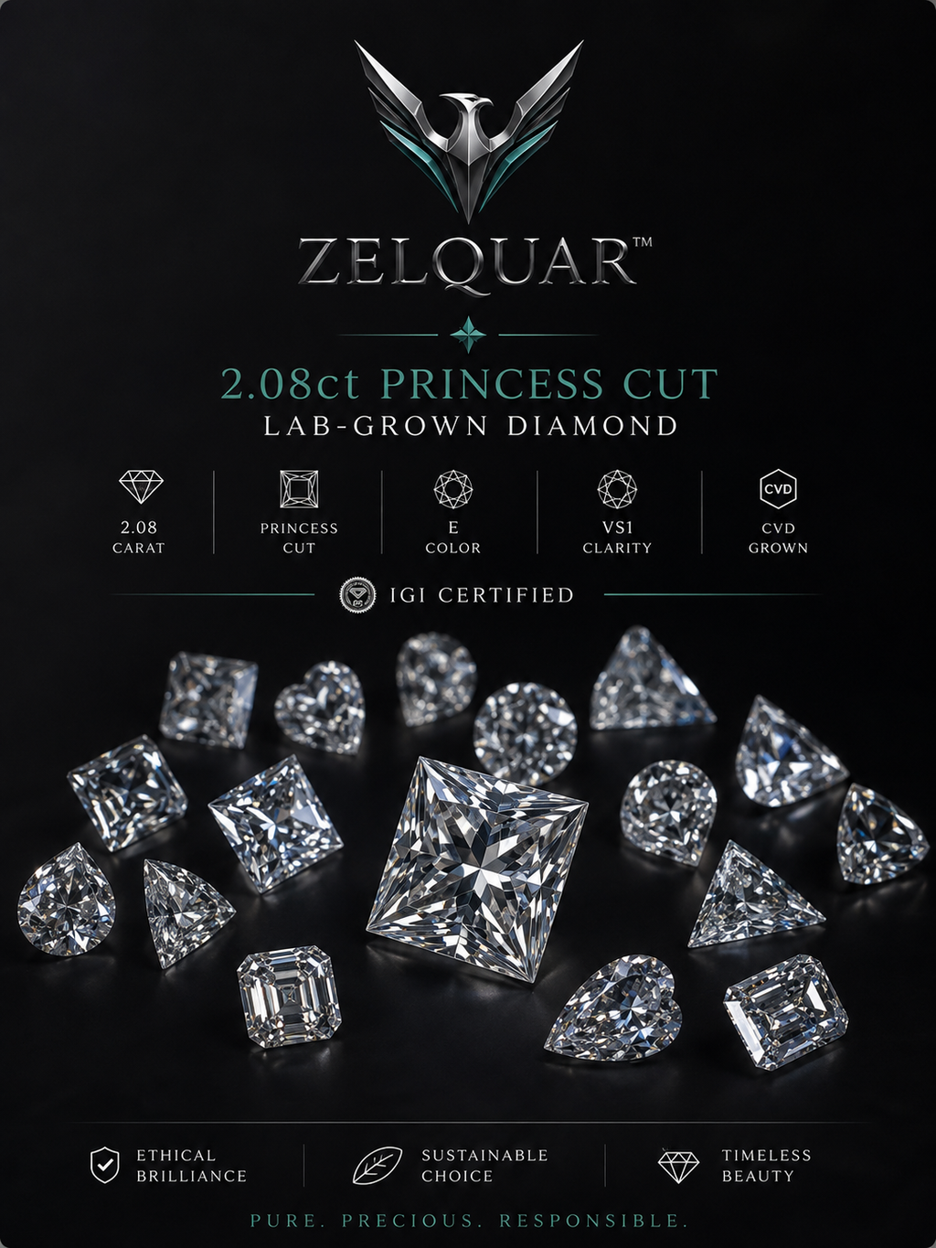 ZELQUAR™ 2.08ct Princess Cut Lab-Grown Diamond | IGI Certified | E Color | VS1 Clarity | CVD