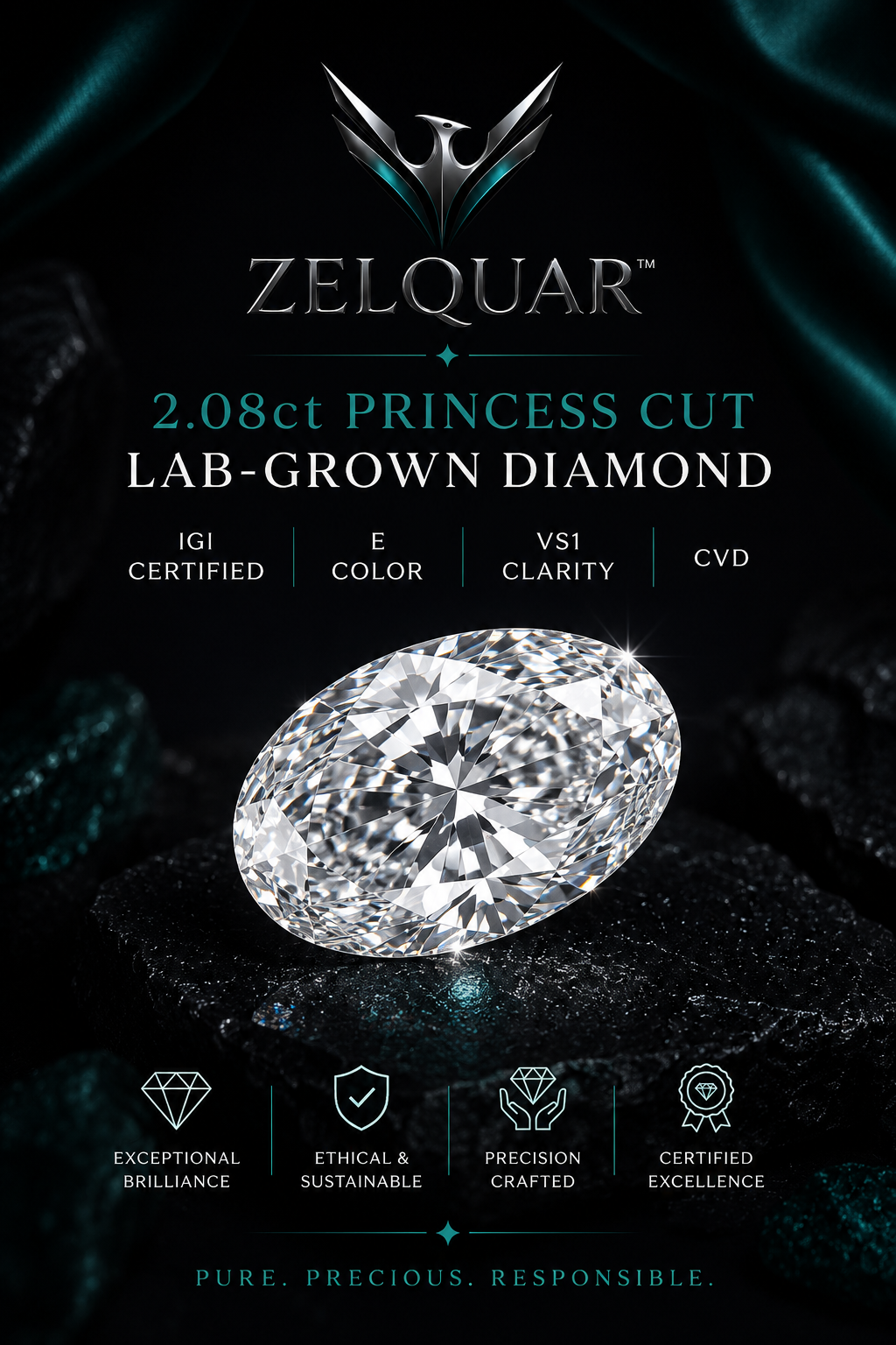 ZELQUAR™ 2.08ct Princess Cut Lab-Grown Diamond | IGI Certified | E Color | VS1 Clarity | CVD