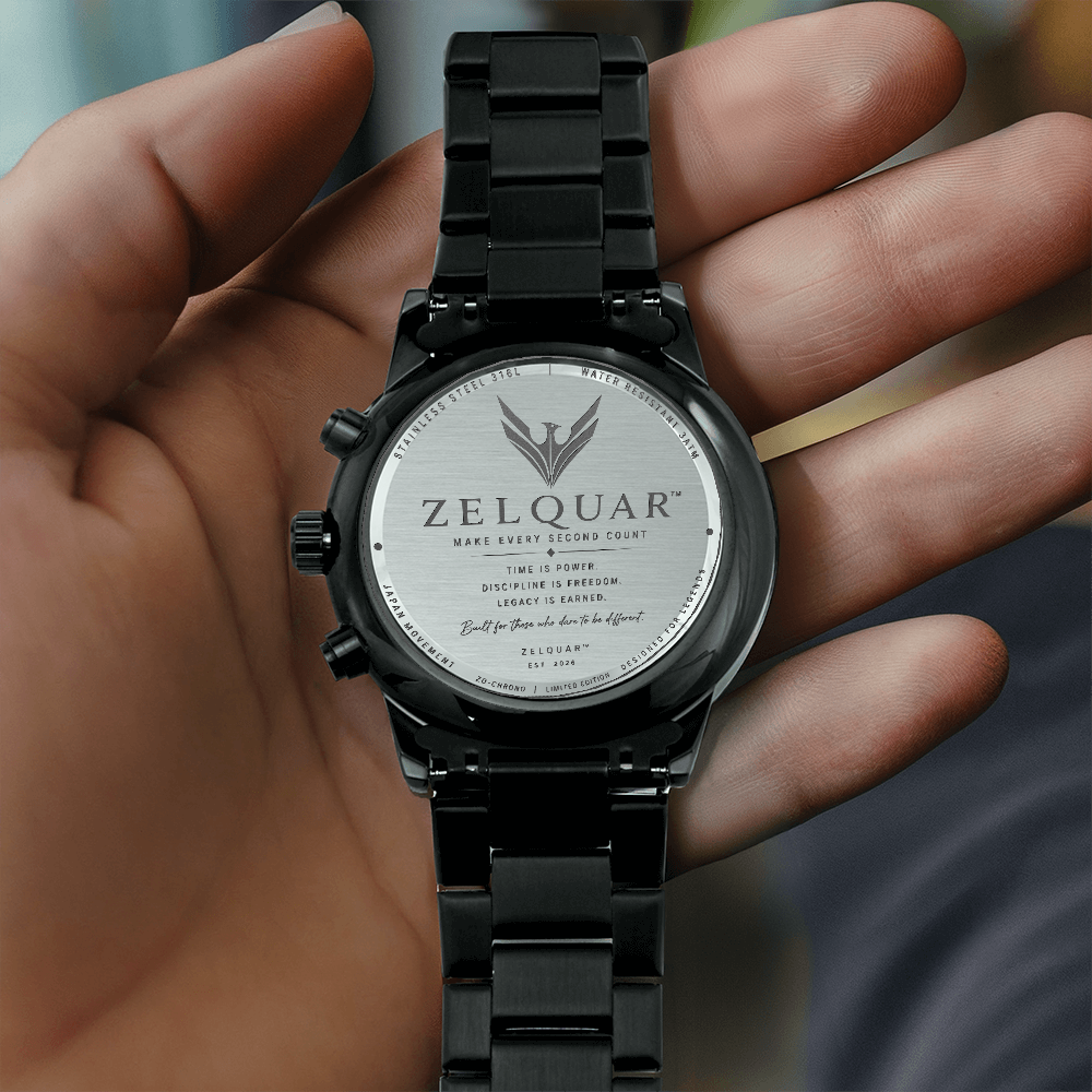 ZELQUAR™ ZQ-Chrono Black Engraved Watch | Stainless Steel 316L | 3ATM Water Resistant | Premium Men's Chronograph Watch