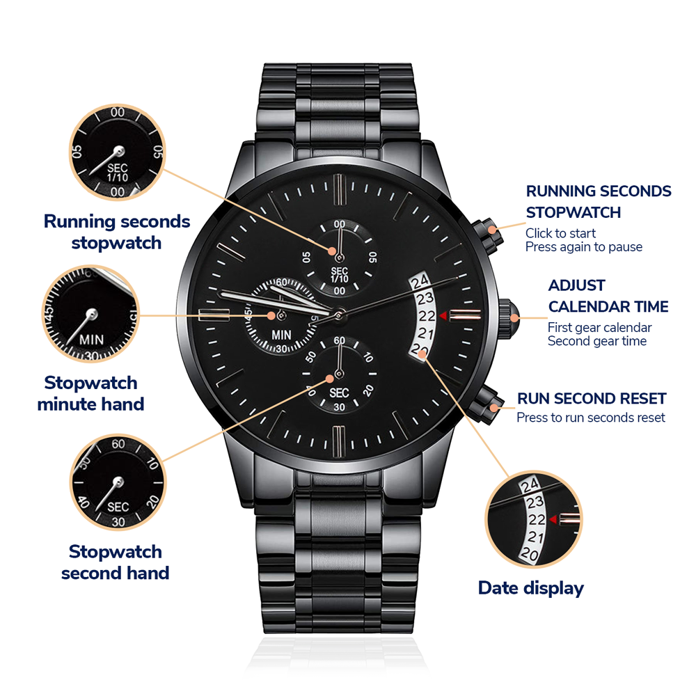 ZELQUAR™ ZQ-Chrono Black Engraved Watch | Stainless Steel 316L | 3ATM Water Resistant | Premium Men's Chronograph Watch