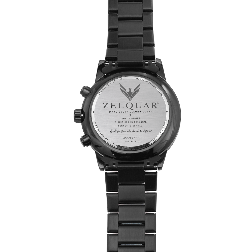 ZELQUAR™ ZQ-Chrono Black Engraved Watch | Stainless Steel 316L | 3ATM Water Resistant | Premium Men's Chronograph Watch