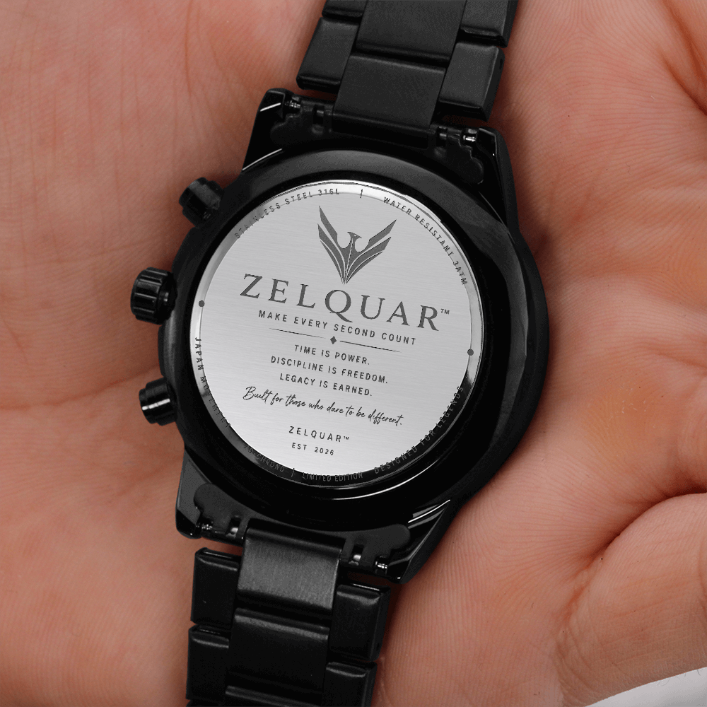 ZELQUAR™ ZQ-Chrono Black Engraved Watch | Stainless Steel 316L | 3ATM Water Resistant | Premium Men's Chronograph Watch