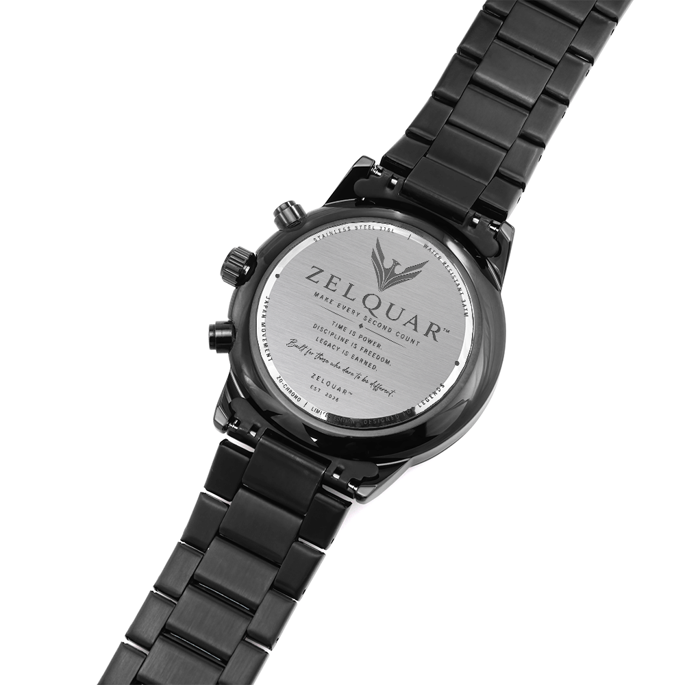 ZELQUAR™ ZQ-Chrono Black Engraved Watch | Stainless Steel 316L | 3ATM Water Resistant | Premium Men's Chronograph Watch