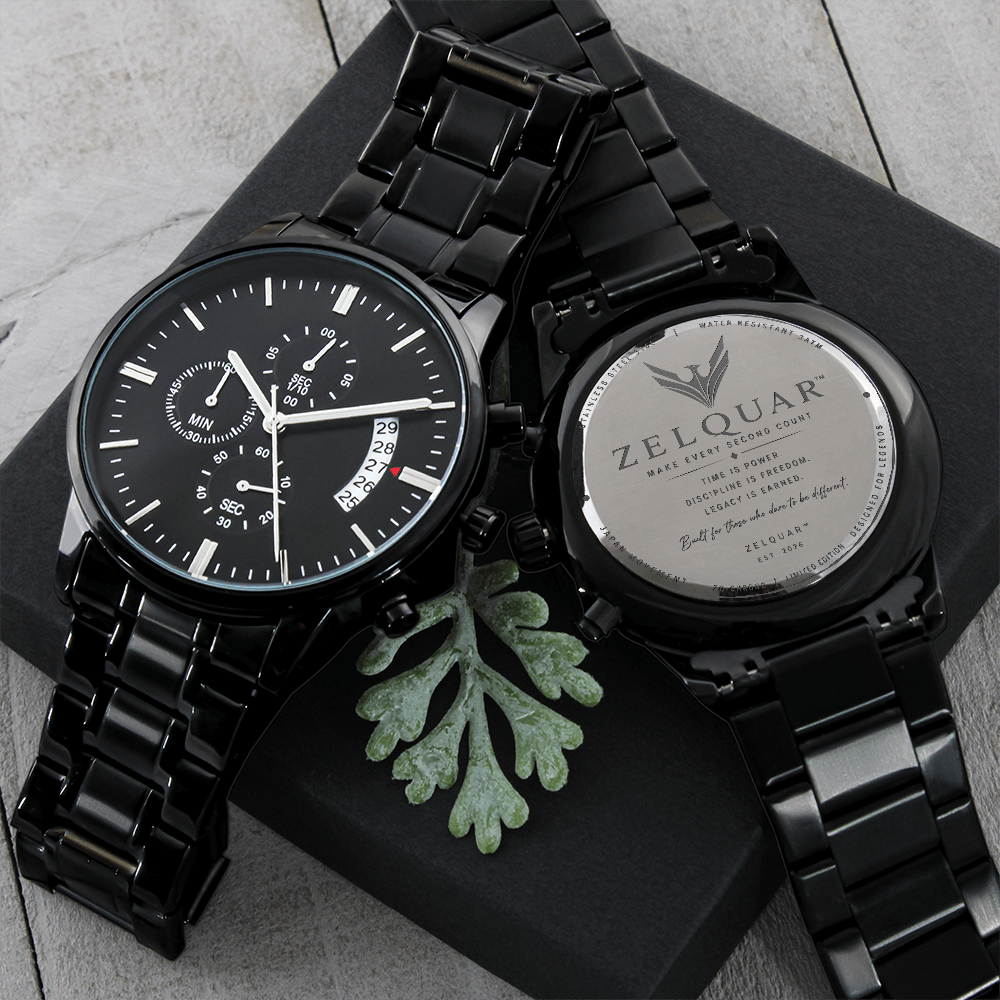 ZELQUAR™ ZQ-Chrono Black Engraved Watch | Stainless Steel 316L | 3ATM Water Resistant | Premium Men's Chronograph Watch