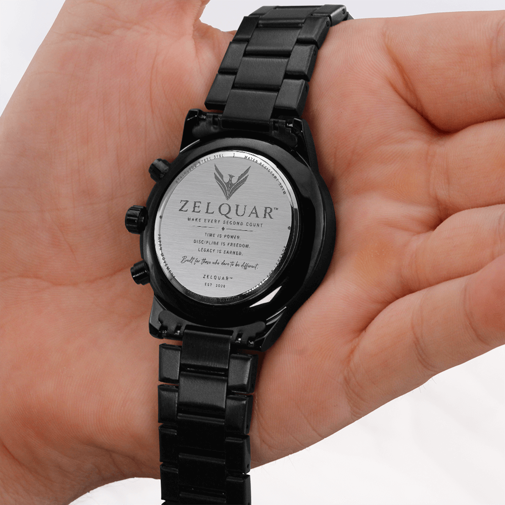 ZELQUAR™ ZQ-Chrono Black Engraved Watch | Stainless Steel 316L | 3ATM Water Resistant | Premium Men's Chronograph Watch