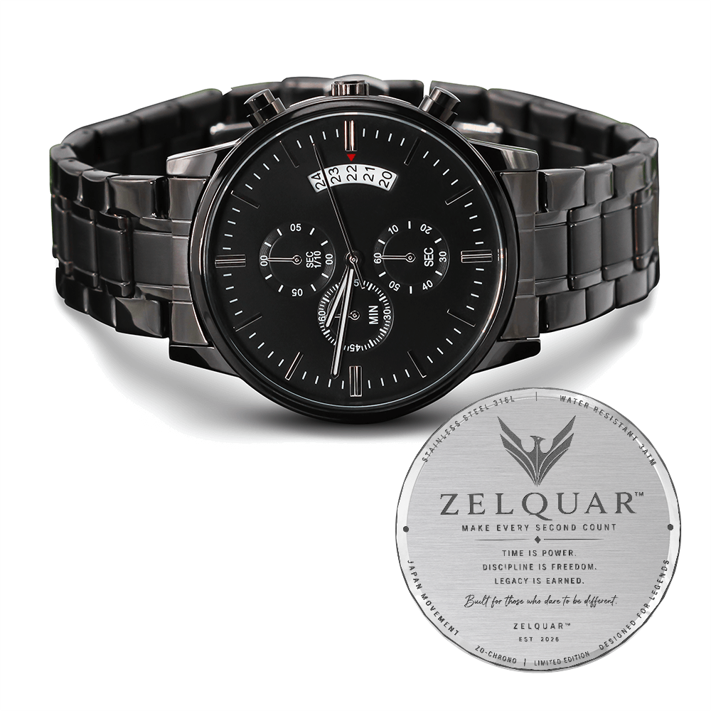 ZELQUAR™ ZQ-Chrono Black Engraved Watch | Stainless Steel 316L | 3ATM Water Resistant | Premium Men's Chronograph Watch