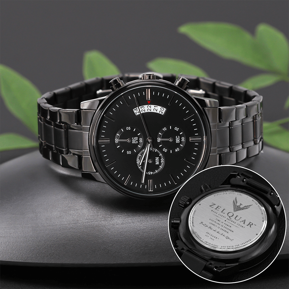 ZELQUAR™ ZQ-Chrono Black Engraved Watch | Stainless Steel 316L | 3ATM Water Resistant | Premium Men's Chronograph Watch