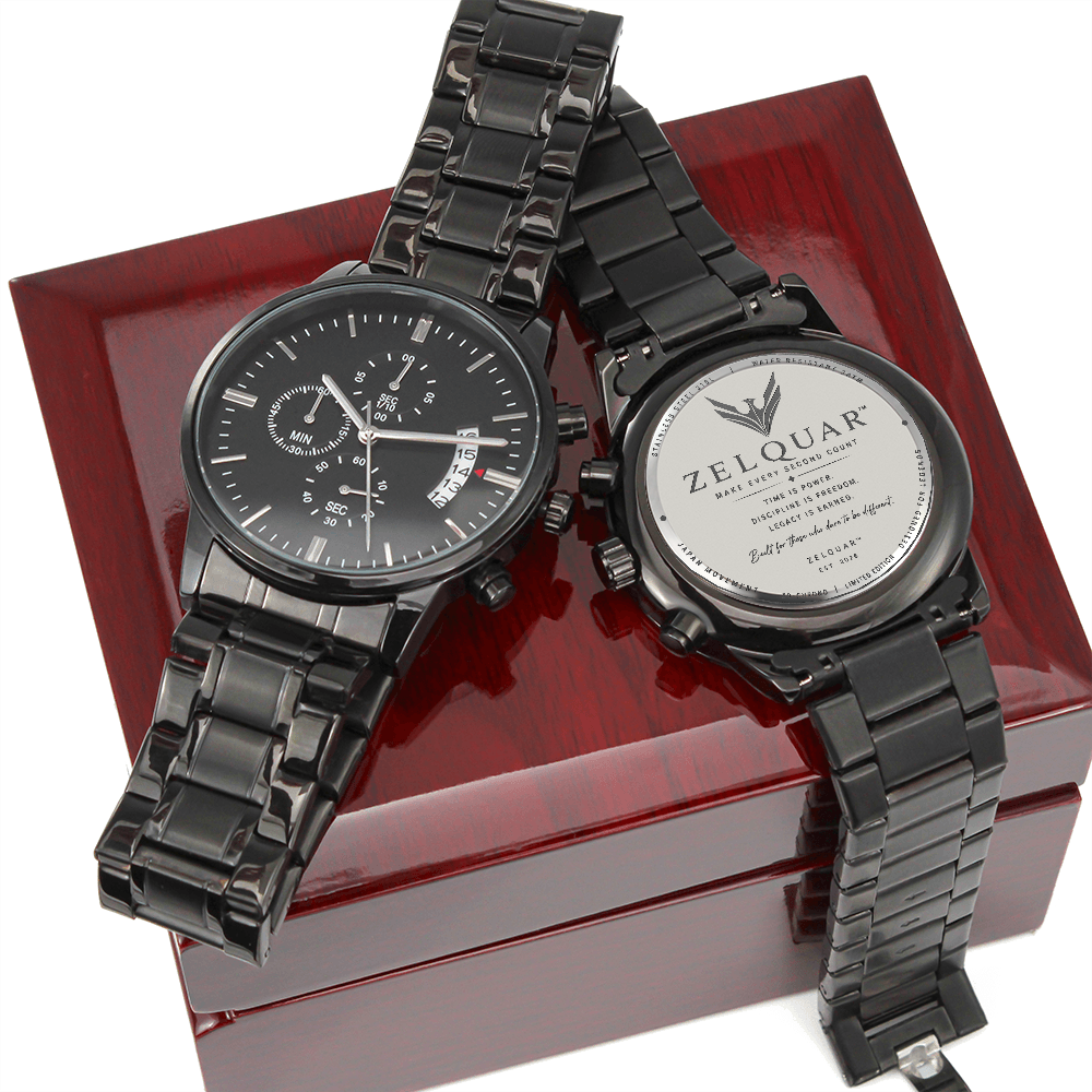 ZELQUAR™ ZQ-Chrono Black Engraved Watch | Stainless Steel 316L | 3ATM Water Resistant | Premium Men's Chronograph Watch