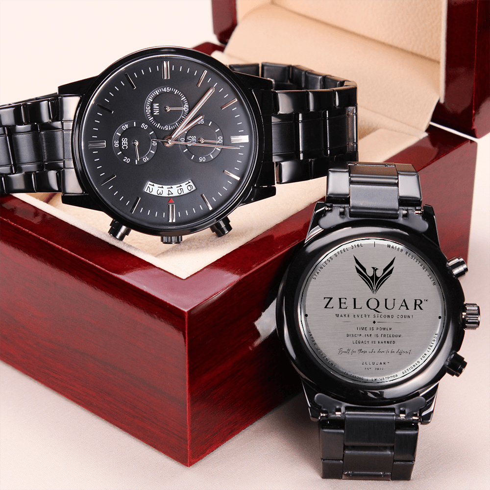 ZELQUAR™ ZQ-Chrono Black Engraved Watch | Stainless Steel 316L | 3ATM Water Resistant | Premium Men's Chronograph Watch