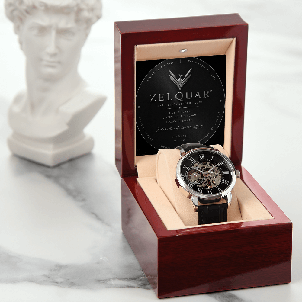 ZELQUAR™ Sovereign Openwork Automatic Watch – Luxury Leather Timepiece