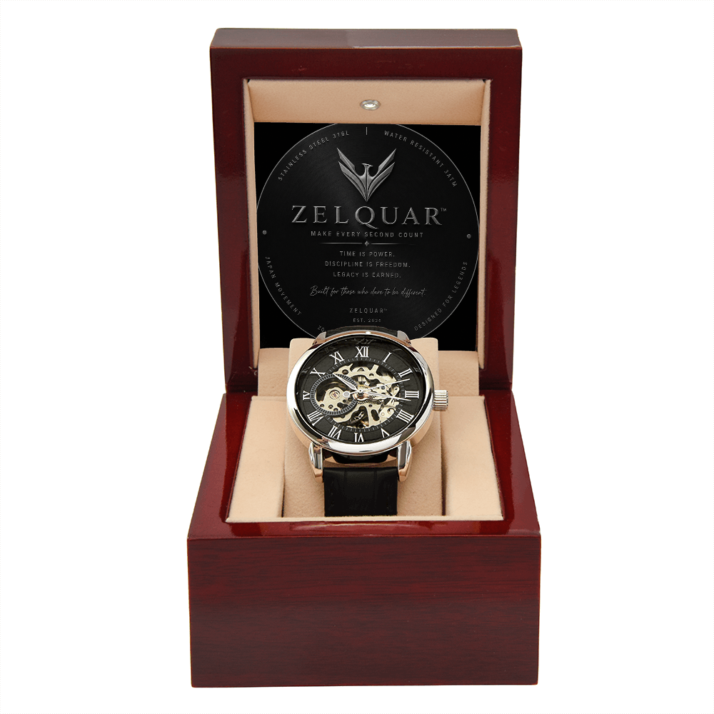 ZELQUAR™ Sovereign Openwork Automatic Watch – Luxury Leather Timepiece