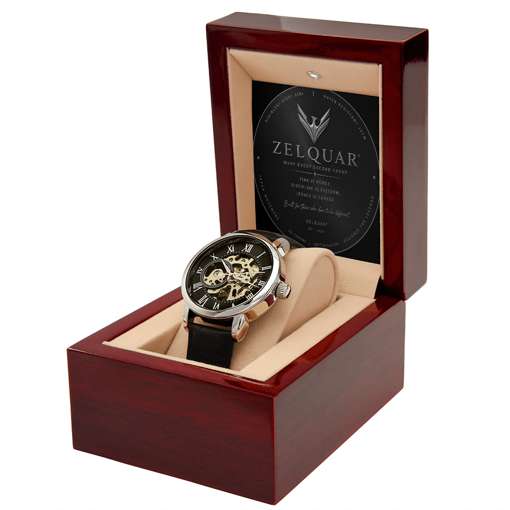 ZELQUAR™ Sovereign Openwork Automatic Watch – Luxury Leather Timepiece