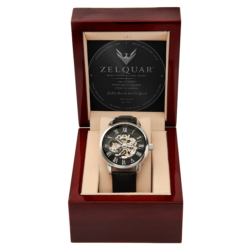 ZELQUAR™ Sovereign Openwork Automatic Watch – Luxury Leather Timepiece
