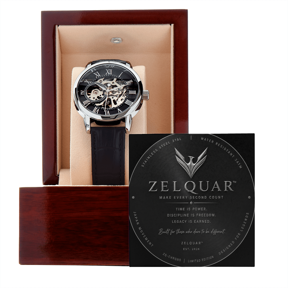 ZELQUAR™ Sovereign Openwork Automatic Watch – Luxury Leather Timepiece