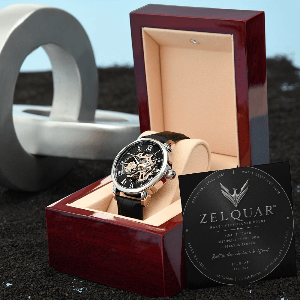 ZELQUAR™ Sovereign Openwork Automatic Watch – Luxury Leather Timepiece