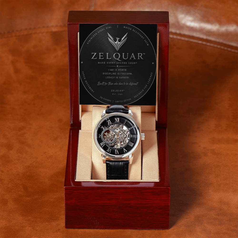 ZELQUAR™ Sovereign Openwork Automatic Watch – Luxury Leather Timepiece