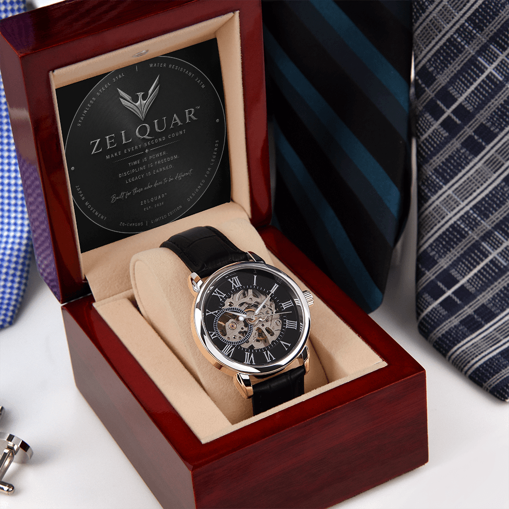 ZELQUAR™ Sovereign Openwork Automatic Watch – Luxury Leather Timepiece