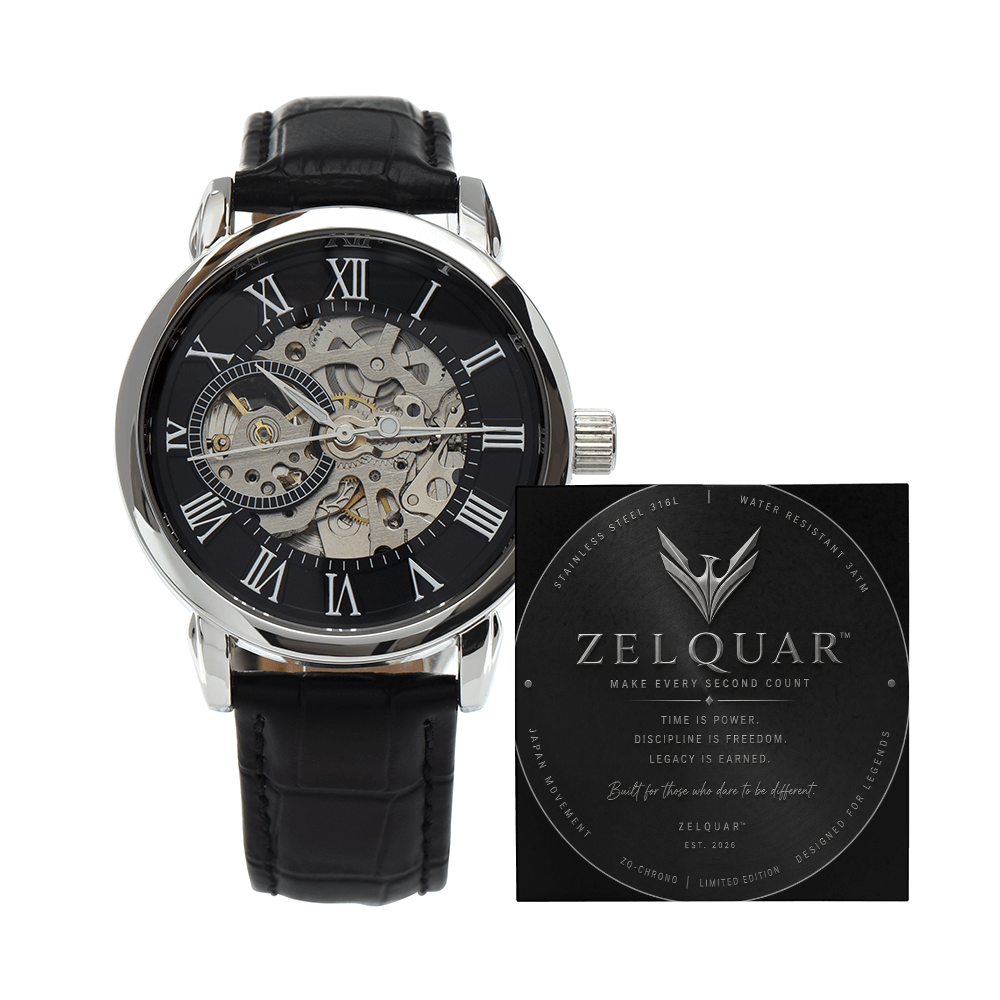 ZELQUAR™ Sovereign Openwork Automatic Watch – Luxury Leather Timepiece