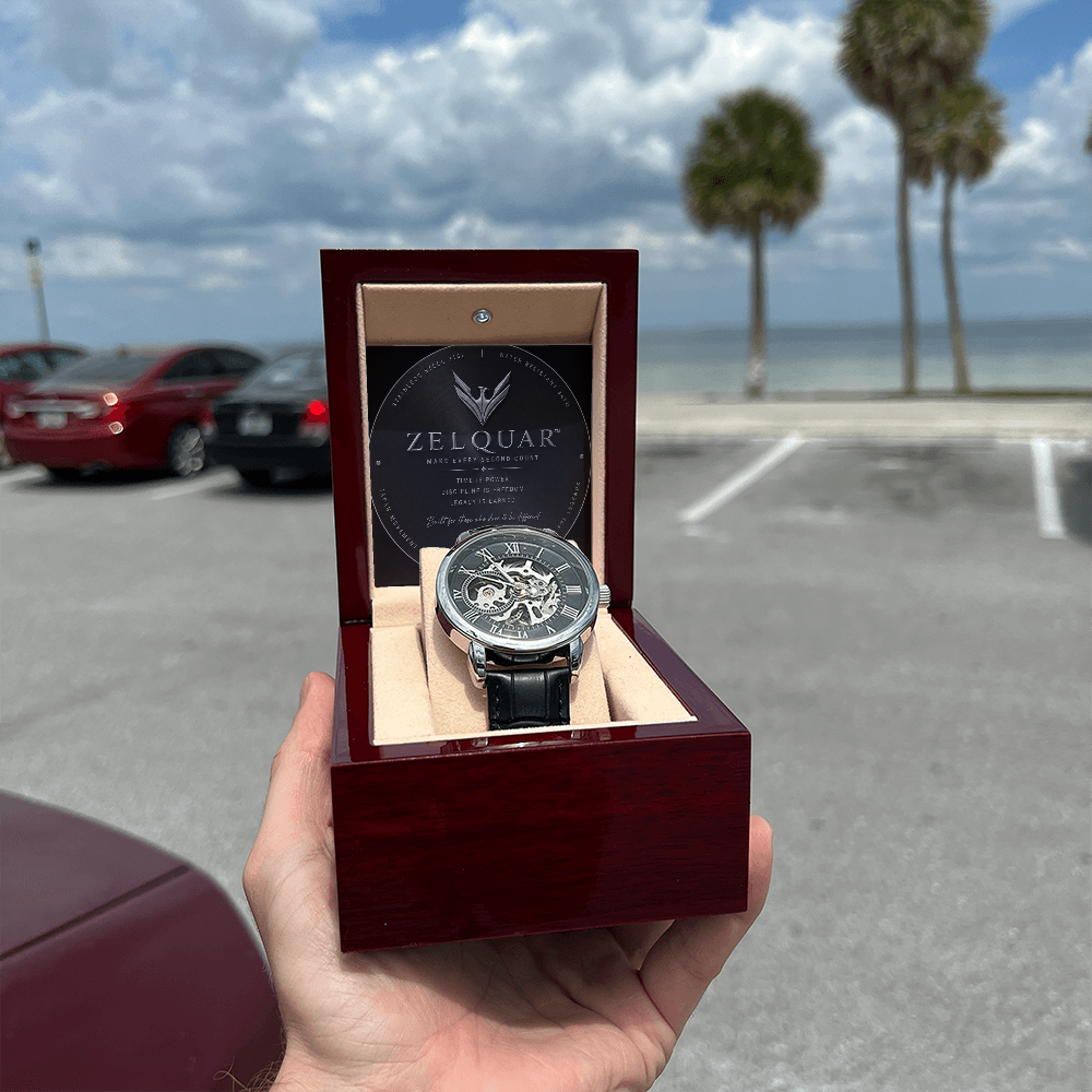 ZELQUAR™ Sovereign Openwork Automatic Watch – Luxury Leather Timepiece