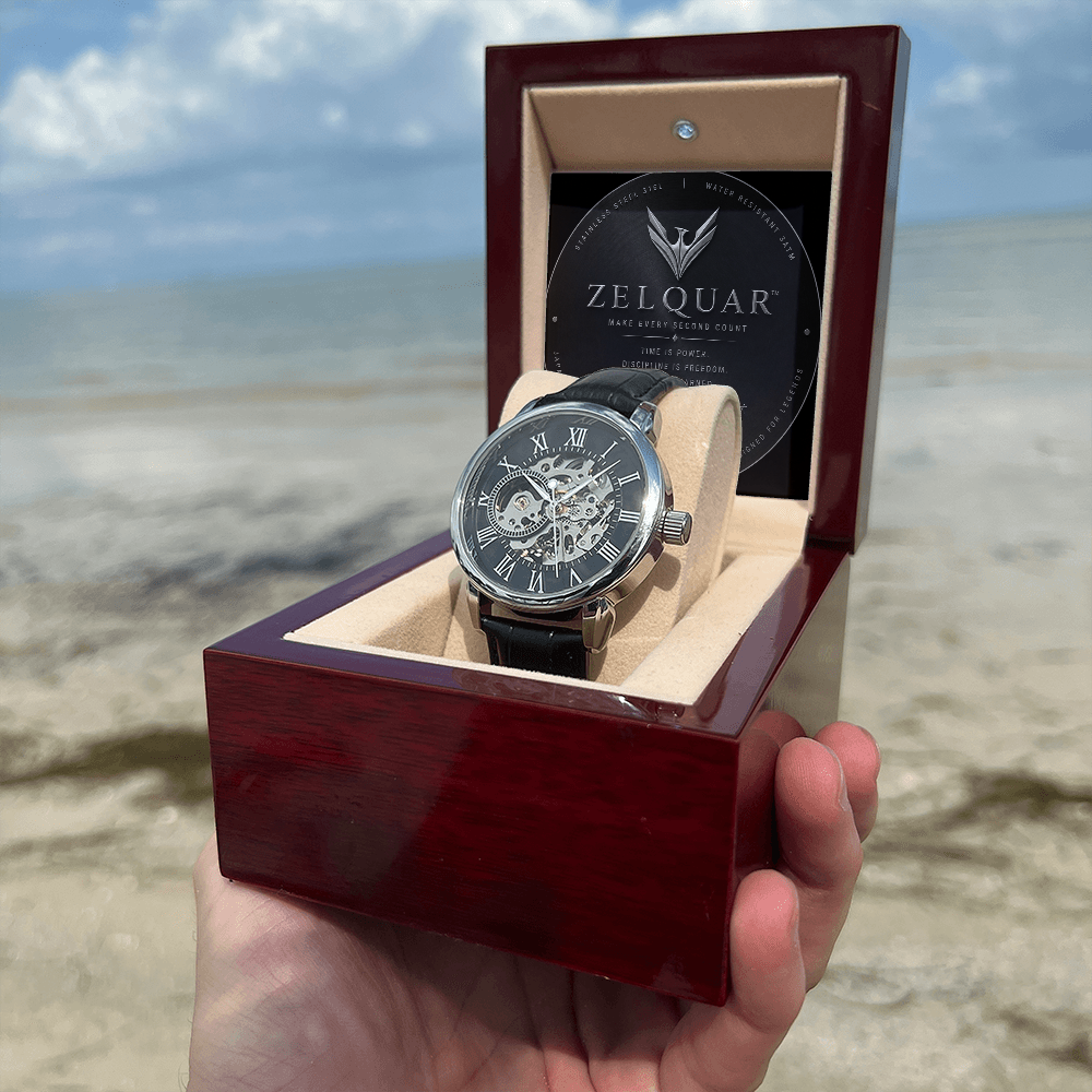 ZELQUAR™ Sovereign Openwork Automatic Watch – Luxury Leather Timepiece