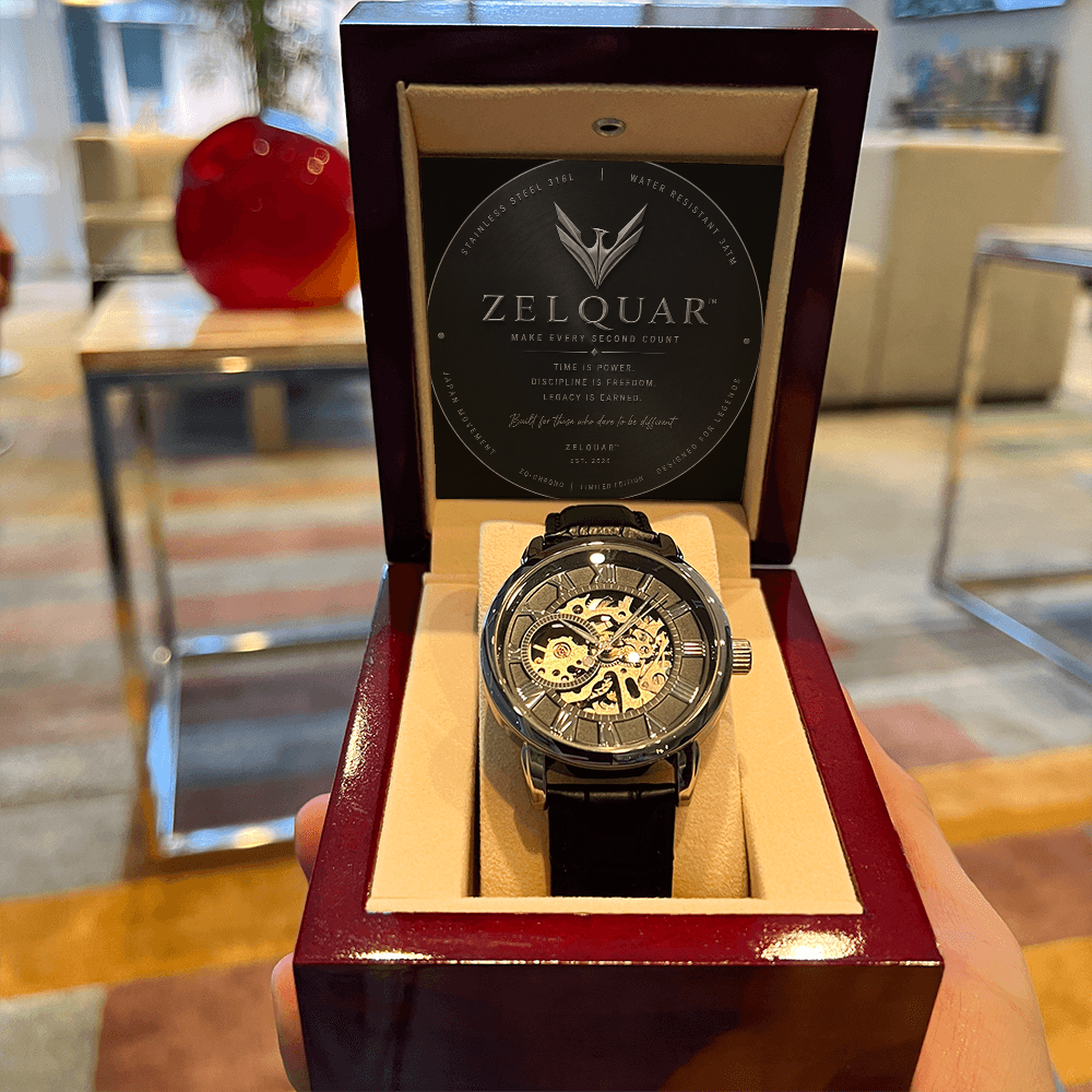 ZELQUAR™ Sovereign Openwork Automatic Watch – Luxury Leather Timepiece